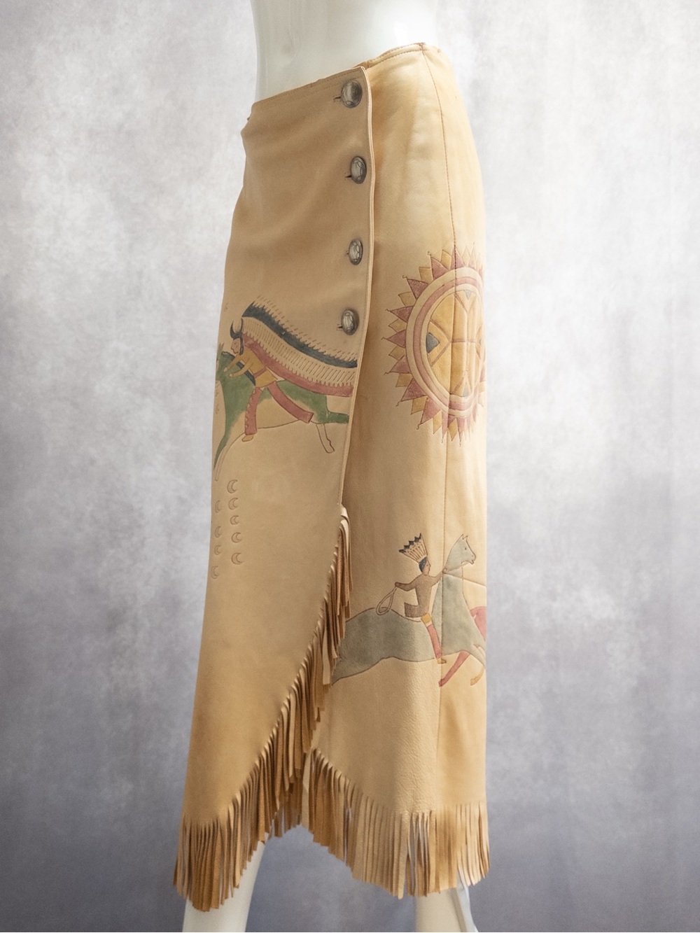 Vtg Ralph Lauren Country 1980s Wrap Fringe Skirt, Hand-painted Leather, Size 8 - Picture 1 of 10